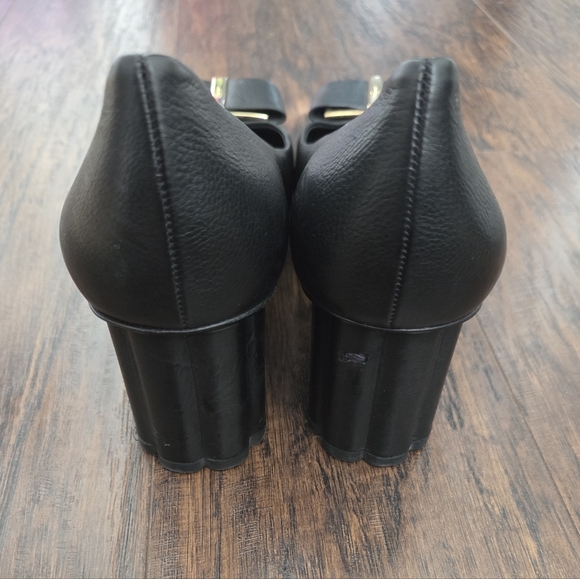 Salvatore Ferragamo Black Leather Heels with Gold Accents - Picture 5 of 10